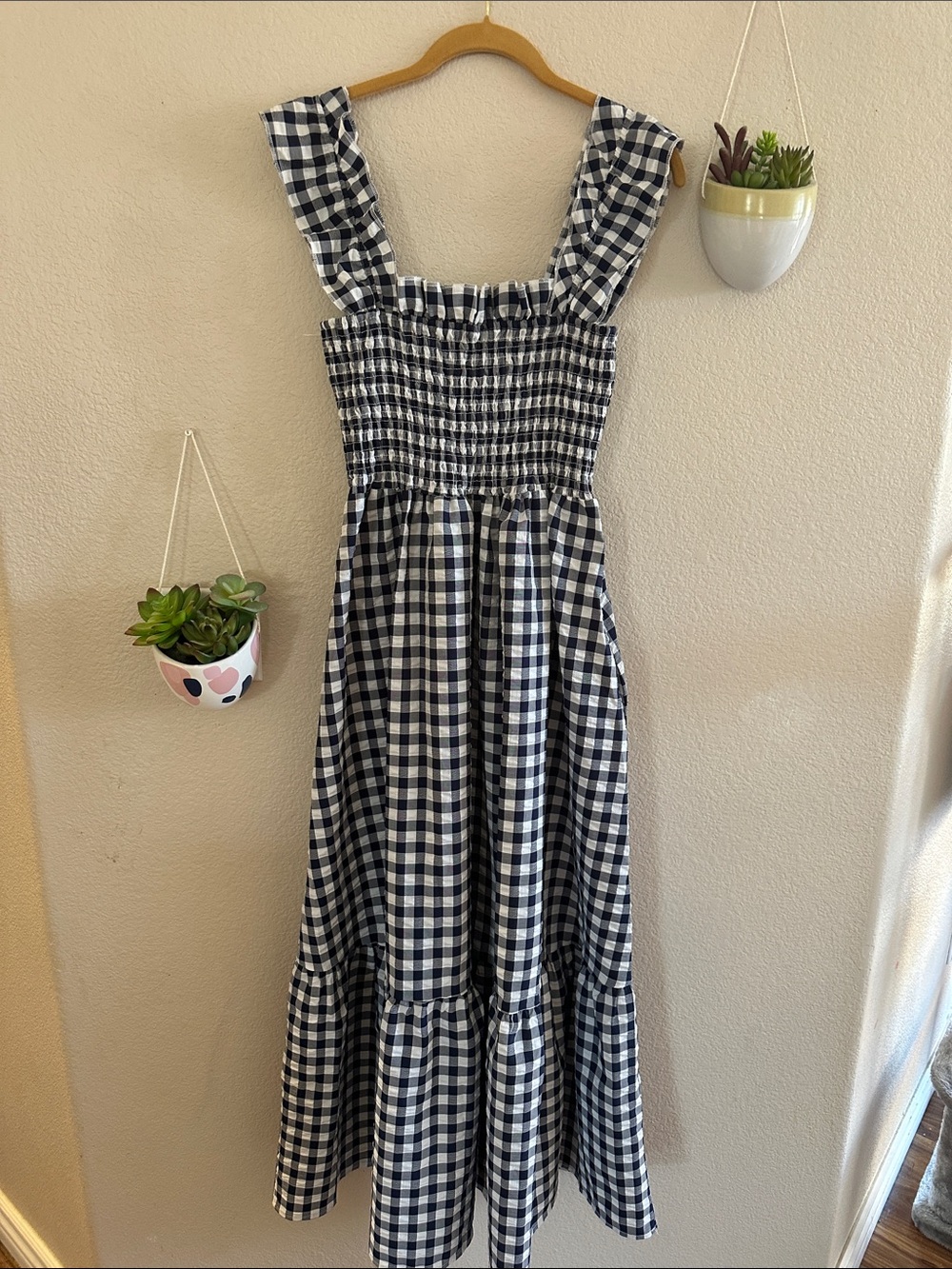 ModCloth Smocked Gingham Midi Tier Dress Large Vintage Blue